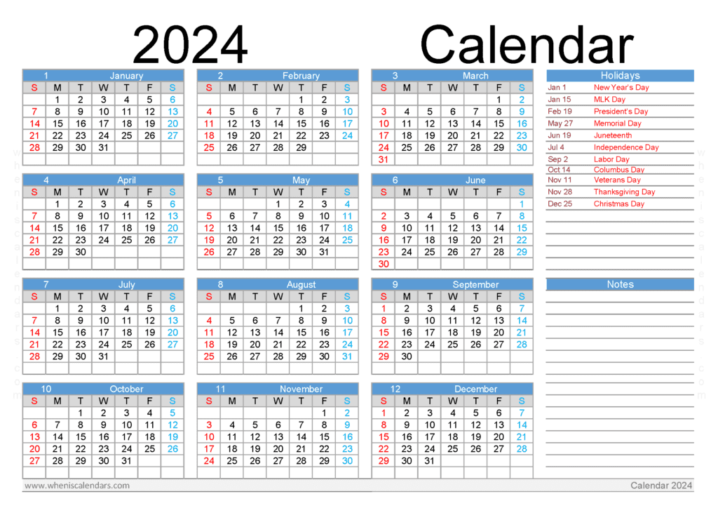 Free Printable Yearly Calendar 2024 with Holidays in Landscape