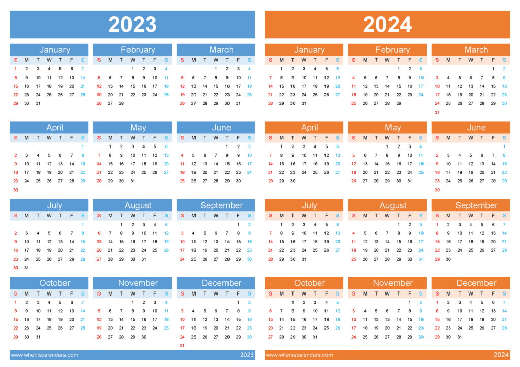 Download 2023 2024 calendar template A4 Horizontal 34Y01