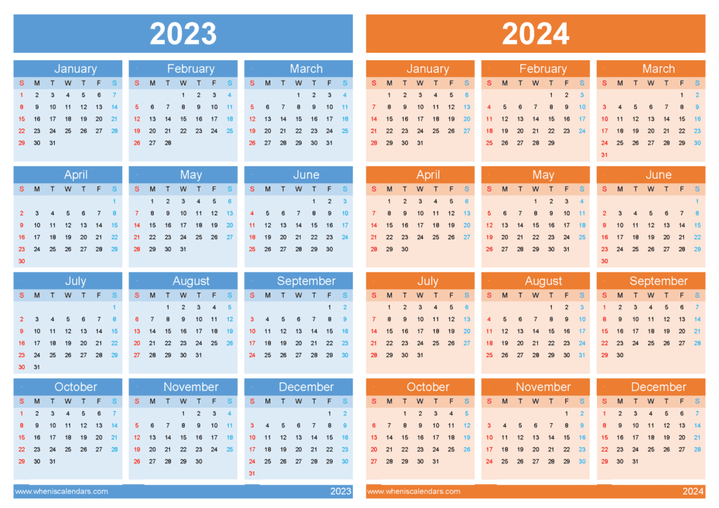 Download 2023 and 2024 calendar printable A4 Horizontal 34Y03