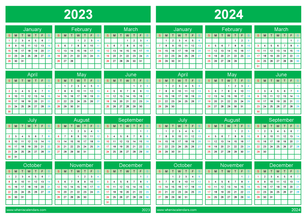 Download 2023 calendar 2024 printable A4 Horizontal 34Y14