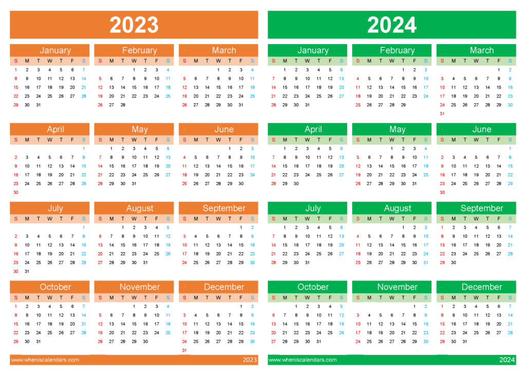 Download 2023 to 2024 calendar printable A4 Horizontal 34Y20