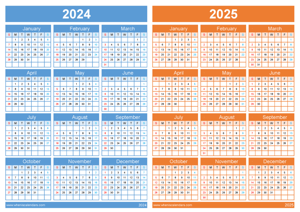 Download printable 2024 2025 calendar A4 Horizontal 45Y02