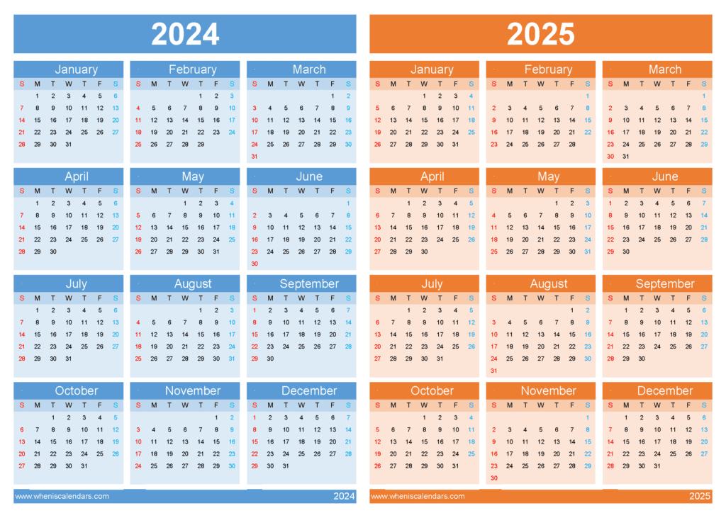 Download 2024 and 2025 calendar printable A4 Horizontal 45Y03
