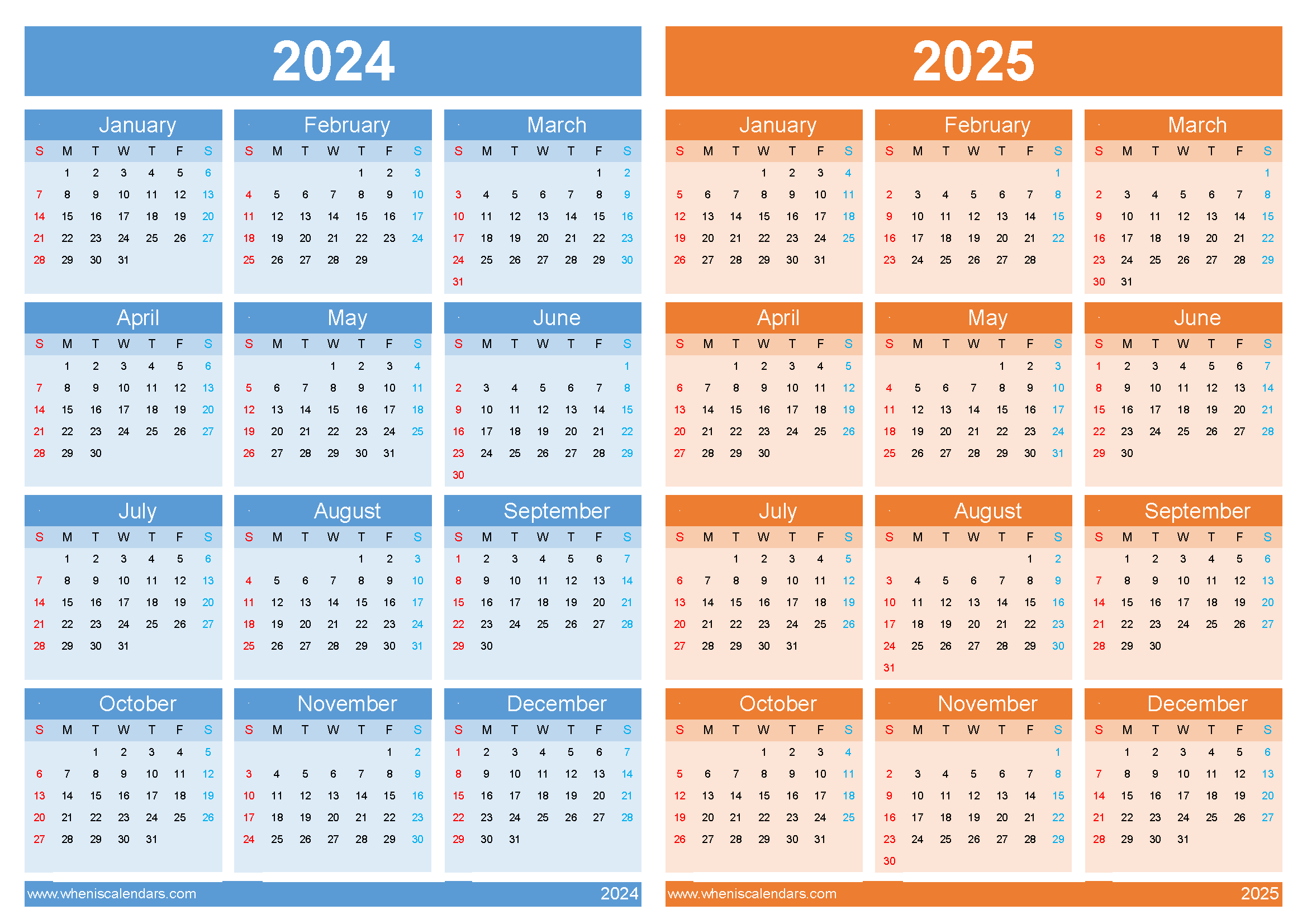 2024 and 2025 calendar printable 45Y03