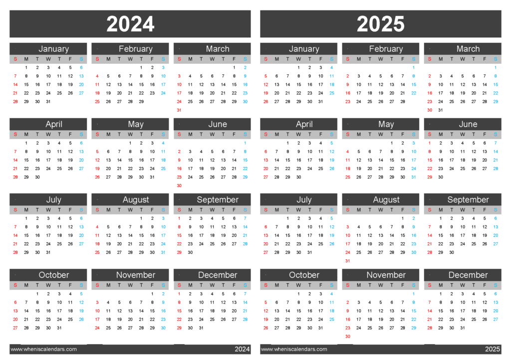 Download calendar 2024 2025 printable A4 Horizontal 45Y04