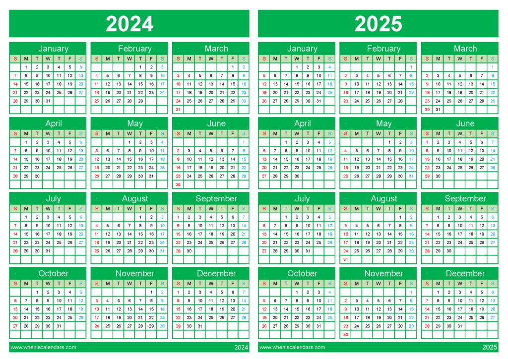 Download 2024 calendar 2025 printable A4 Horizontal 45Y14