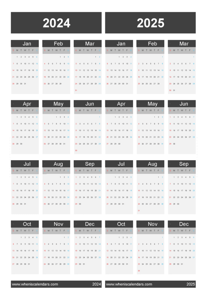 Download free 2024 and 2025 calendar printable A4 Vertical 45Y29