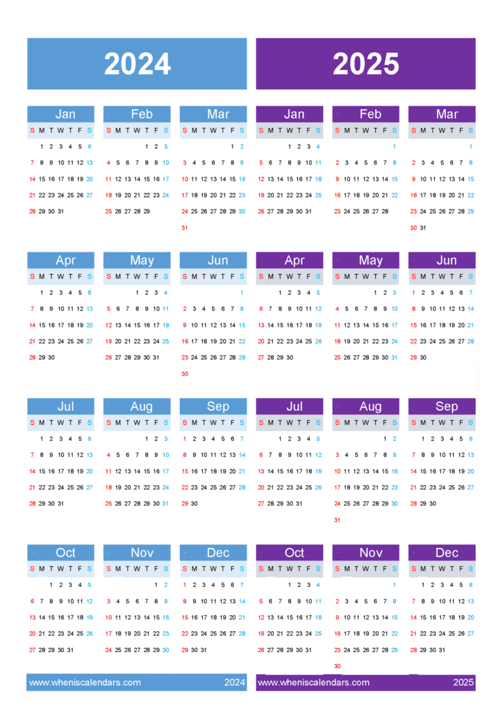 Download free printable 2024 and 2025 calendar A4 Vertical 45Y42