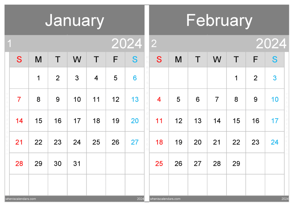 Download printable calendar January February 2024 A4 JF242031