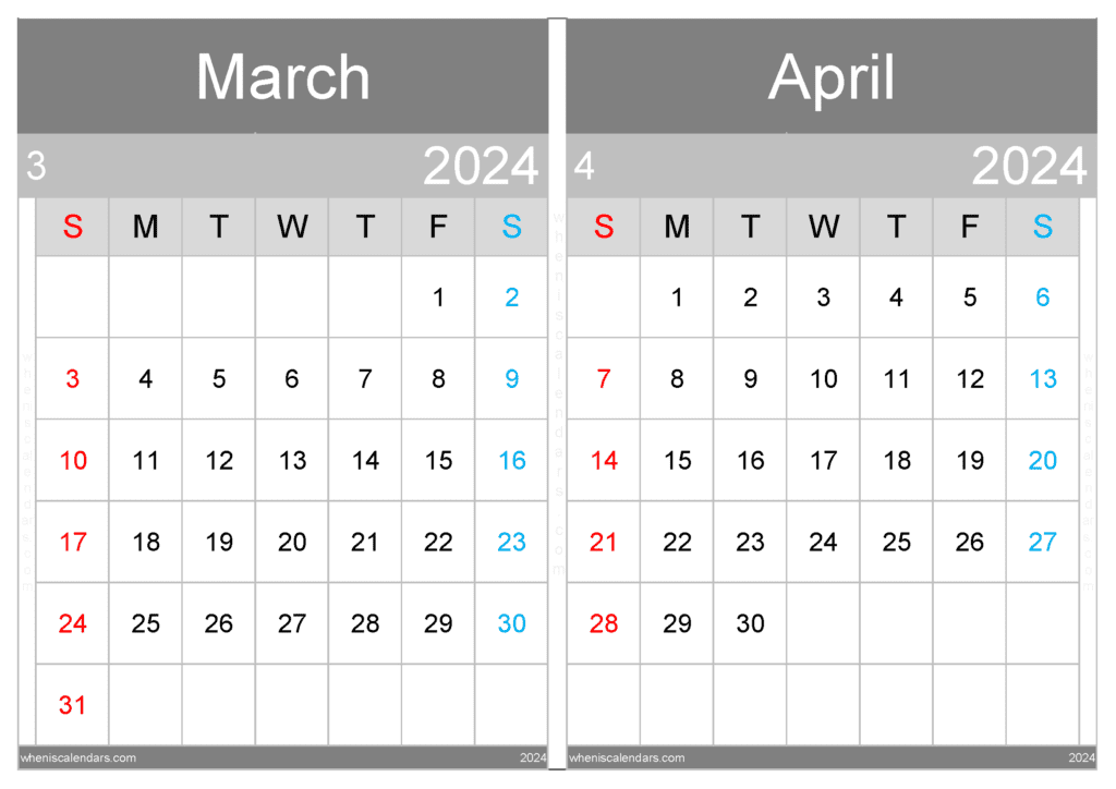 Download March April 2024 Calendar A4 MA401