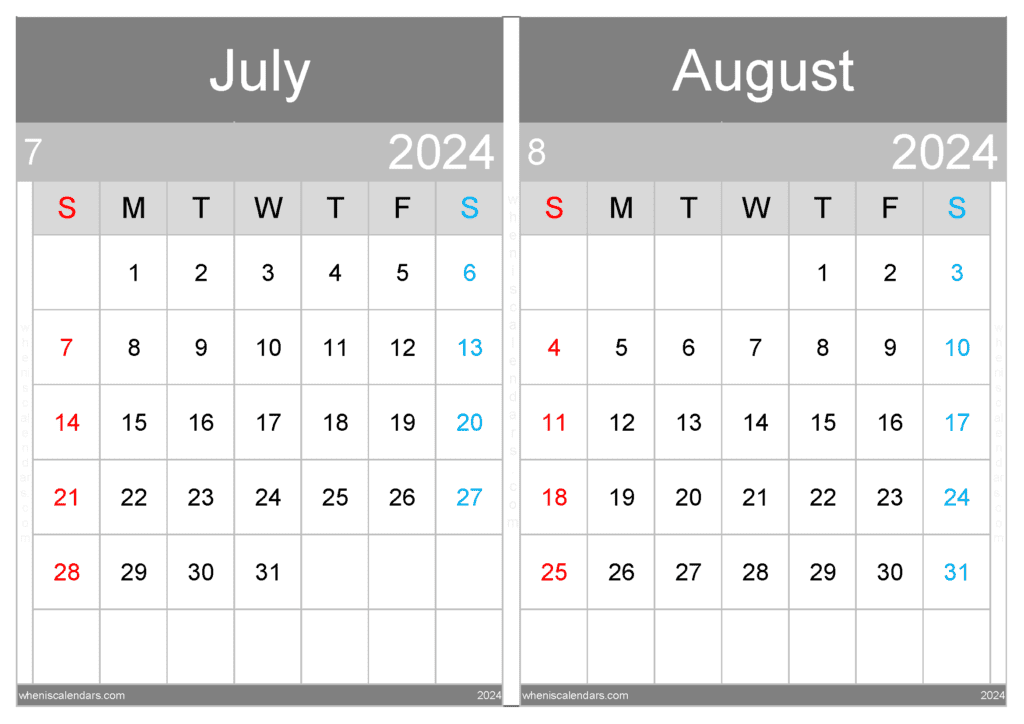 Download printable Calendar July August 2024 A4 JA431