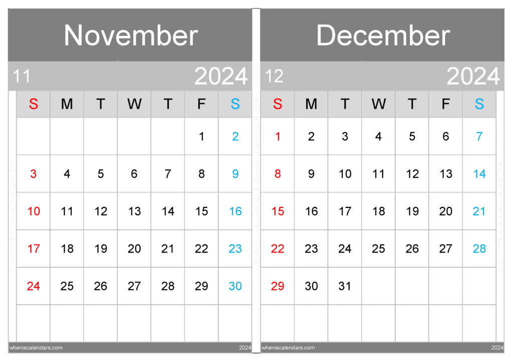 Download printable Calendar November December 2024 A4 ND431