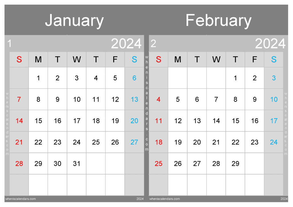 Download Jan February 2024 calendar A4 JF242002