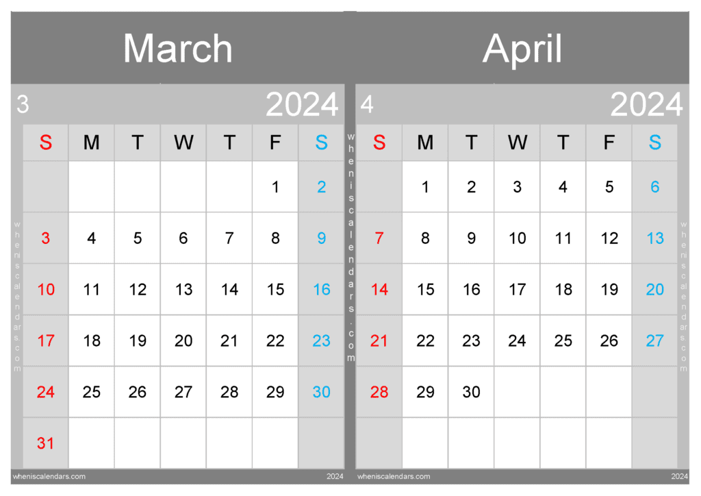 Download 2024 Calendar March and April A4 MA432