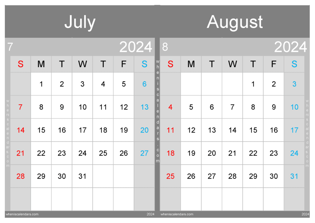 Download 2024 Calendar July and August A4 JA432