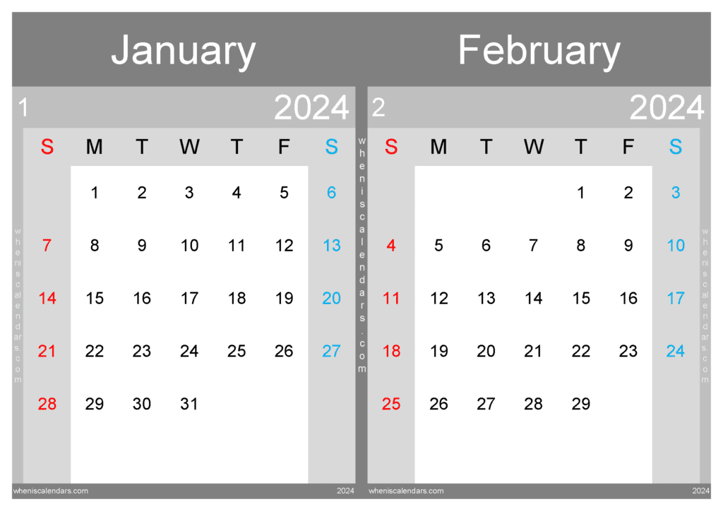 Download printable January and February 2024 calendar A4 JF242033