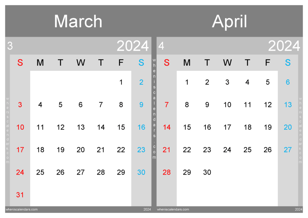 Download printable March and April 2024 Calendar A4 MA433