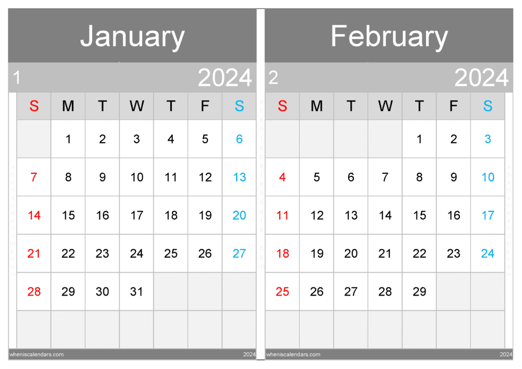 Download January and February 2024 printable calendar A4 JF242034