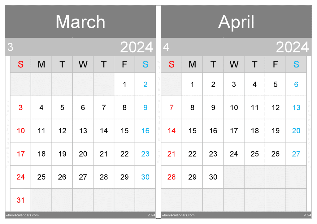 Download March and April 2024 printable Calendar A4 MA434