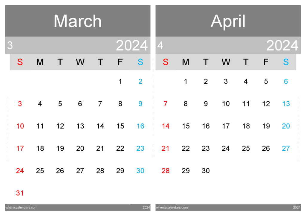 Download 2024 March and April Calendar A4 MA435