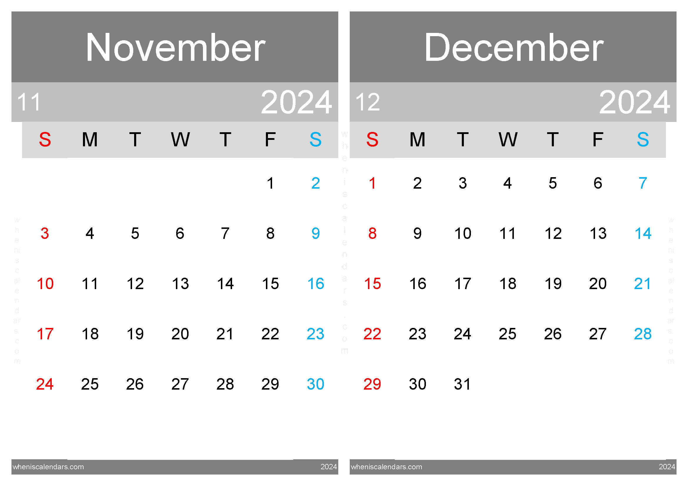 Download 2024 November and December Calendar A4 ND435
