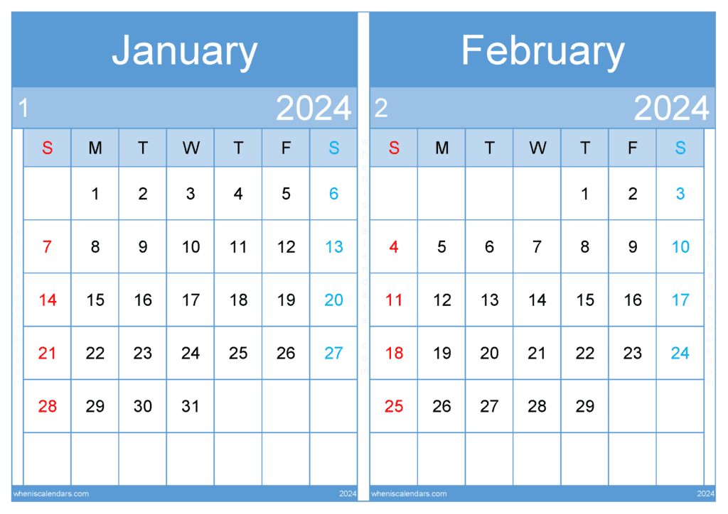 Download calendar 2024 January and February A4 JF242036