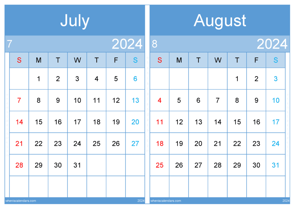 Download Calendar 2024 July and August A4 JA436