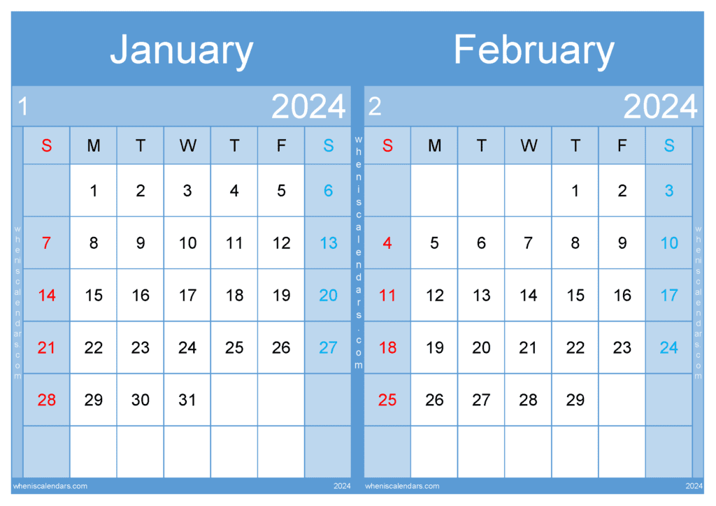free January February Calendar 2024 printable two-month calendar