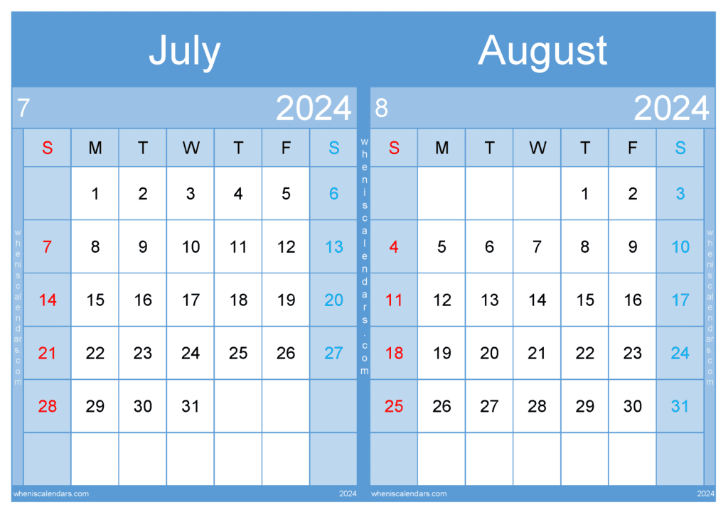 Download Calendar for July August 2024 A4 JA437