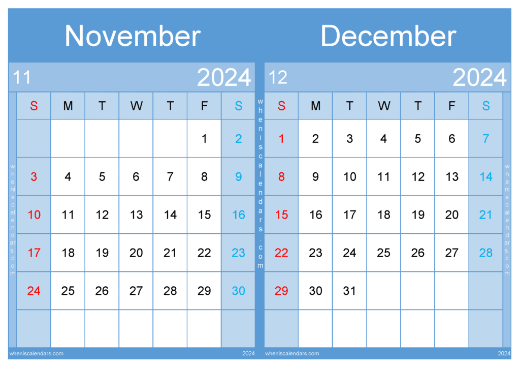 Download Calendar for November December 2024 A4 ND437