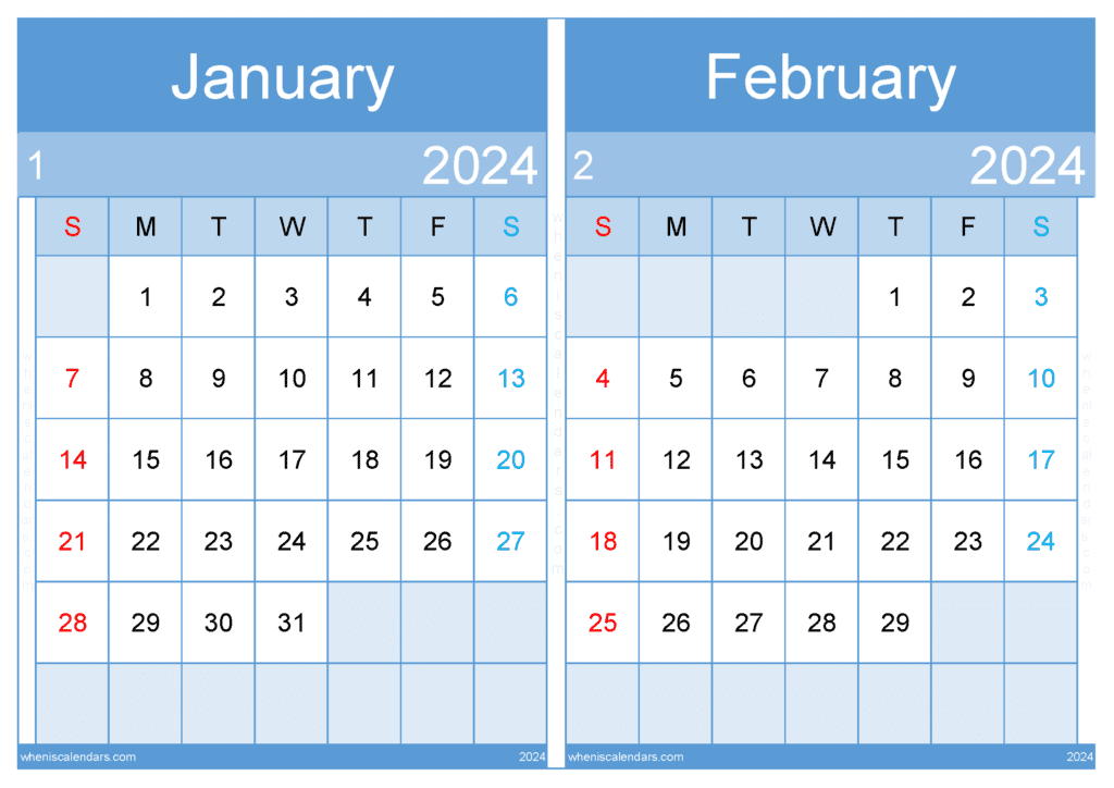 Download January February calendar printable 2024 A4 JF242039