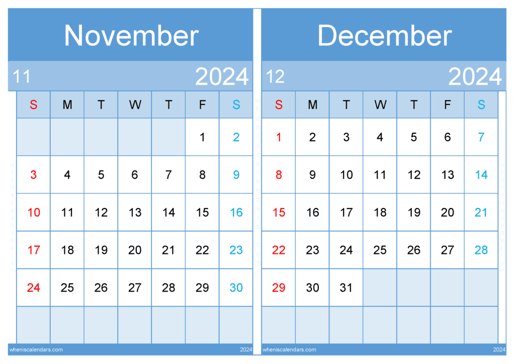 Download November December Calendar printable 2024 A4 ND439