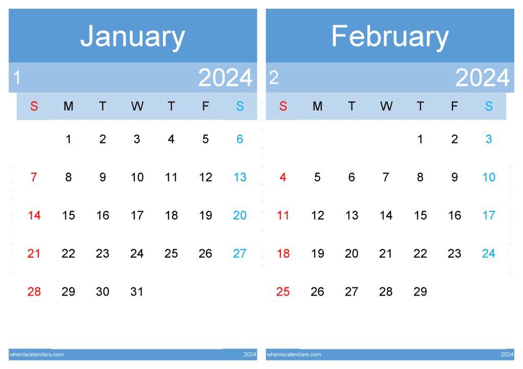 Download printable calendar for January and February 2024 A4 JF242040