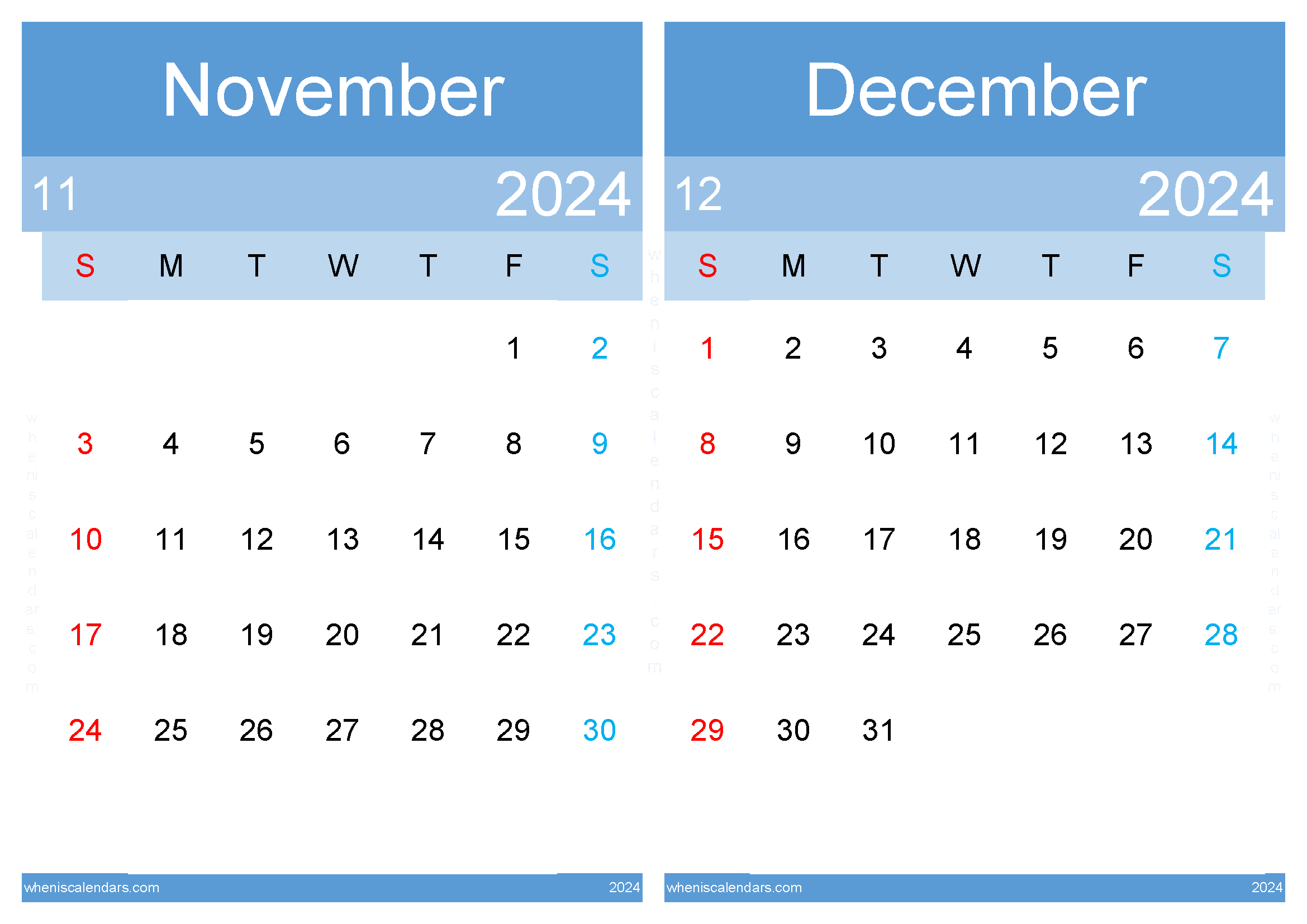 Download printable Calendar for November and December 2024 A4 ND440