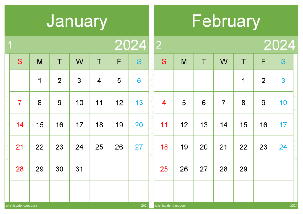 Download January and February calendar printable 2024 A4 JF242041