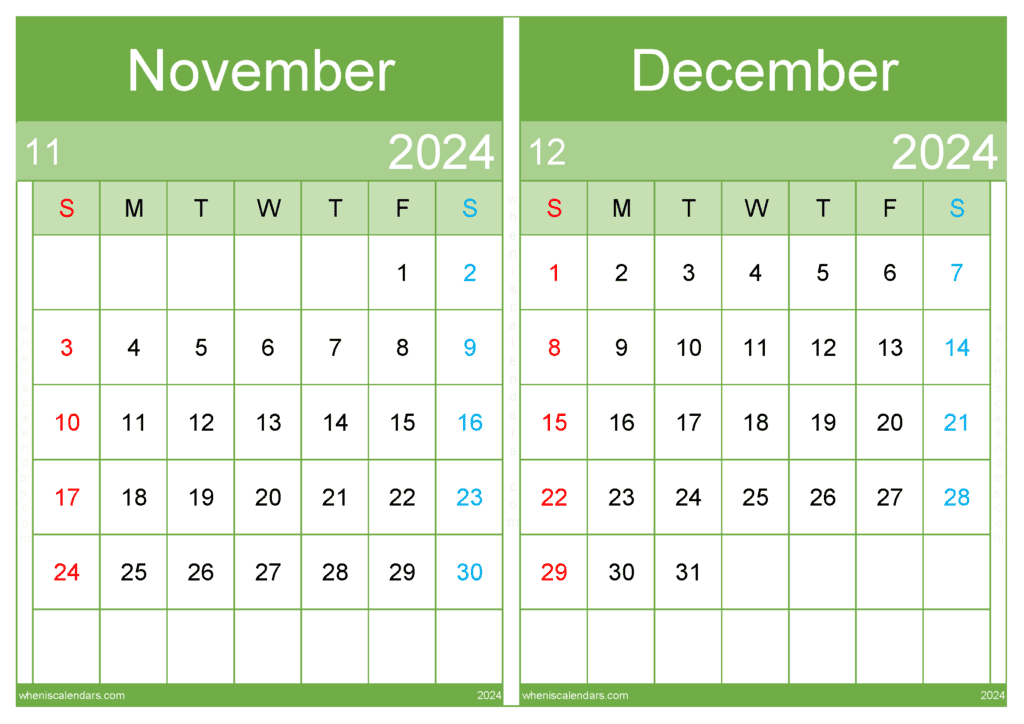 Download November and December Calendar printable 2024 A4 ND441