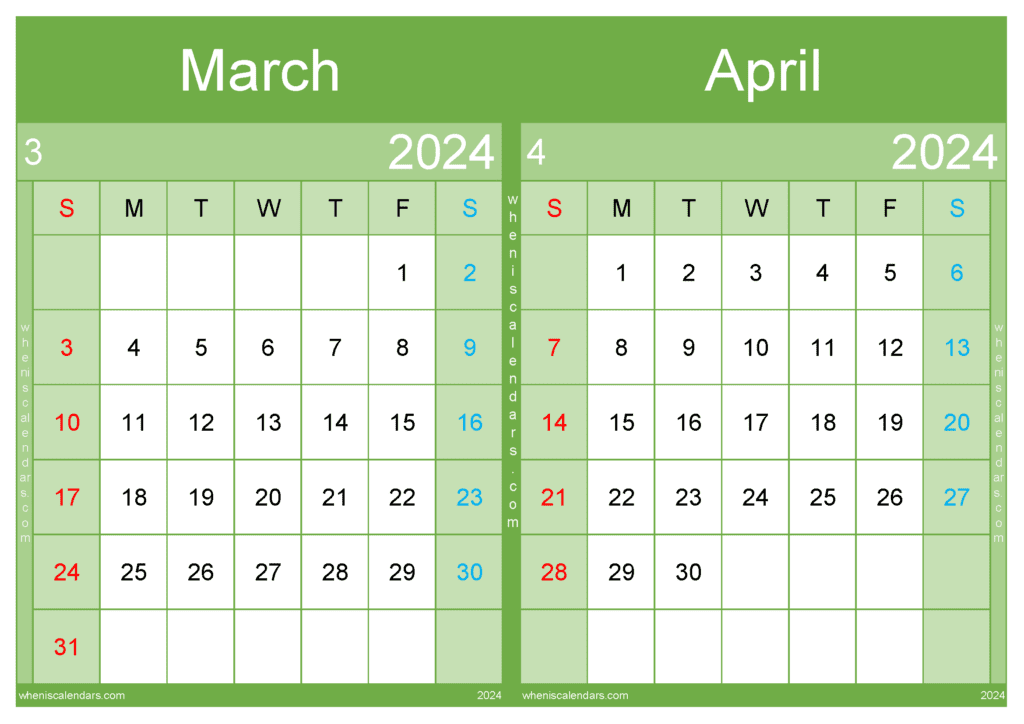Download free March April 2024 Calendar printable