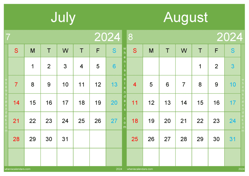 Download July August ka Calendar 2024 A4 JA442