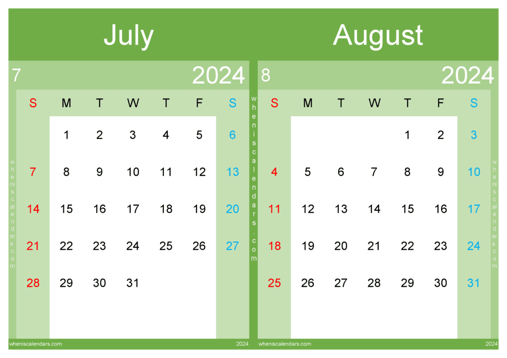 Download 2024 Jul Aug Calendar A4 JA443