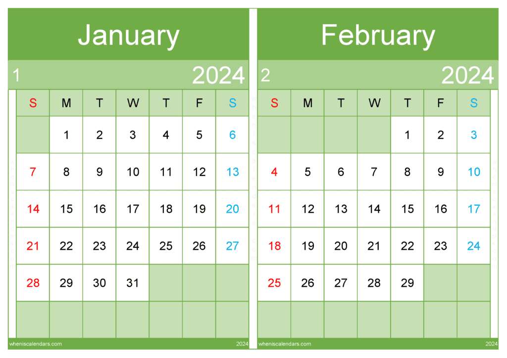 Download 2024 Jan and Feb calendar A4 JF242044
