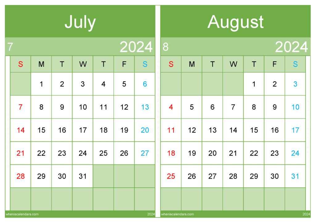 Download 2024 Jul and Aug Calendar A4 JA444