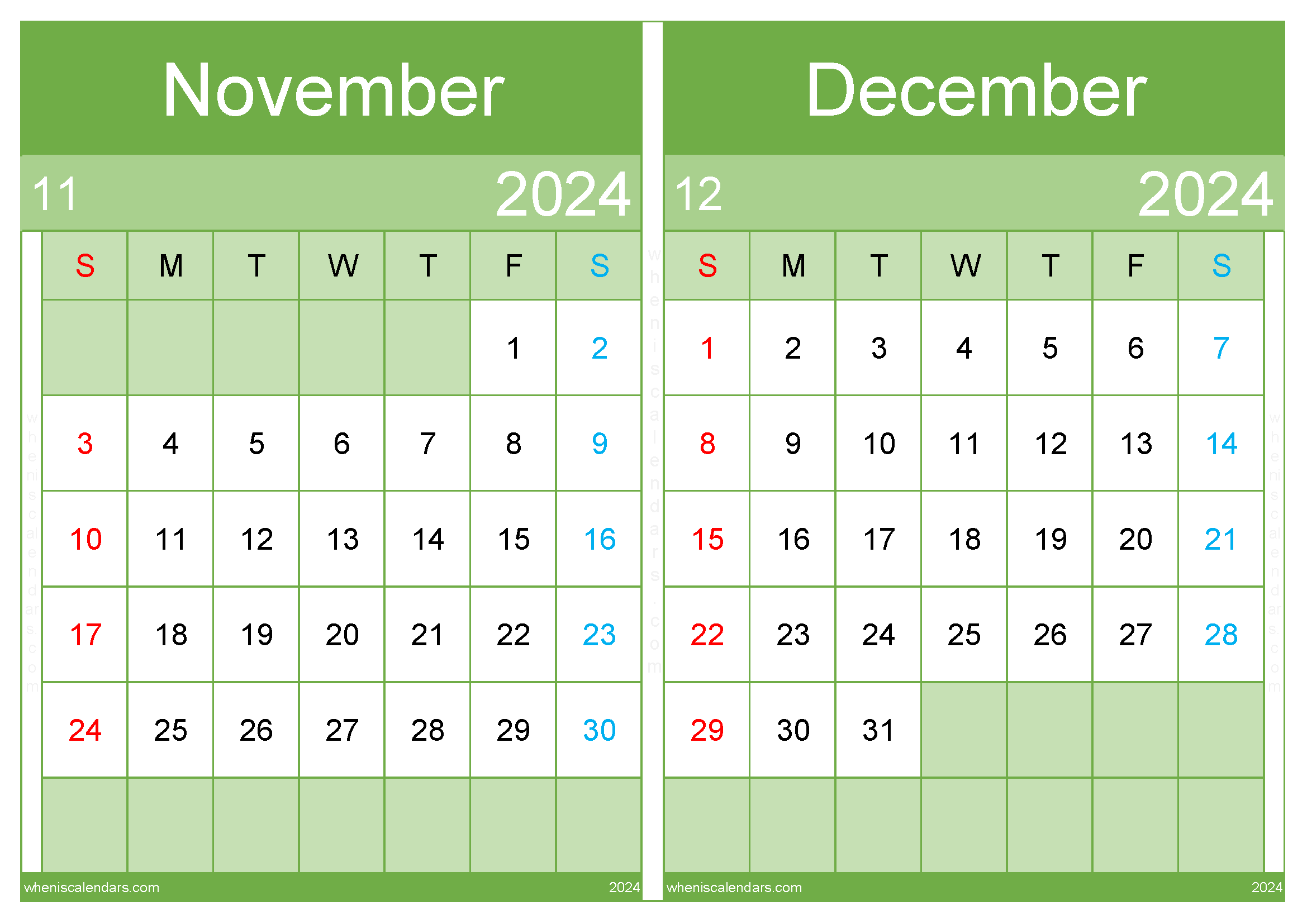 Download 2024 Nov and Dec Calendar A4 ND444