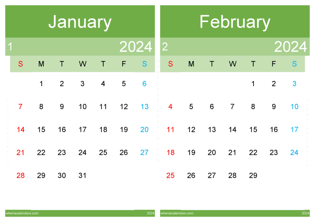 Download printable calendar Jan Feb 2024 A4 JF242045