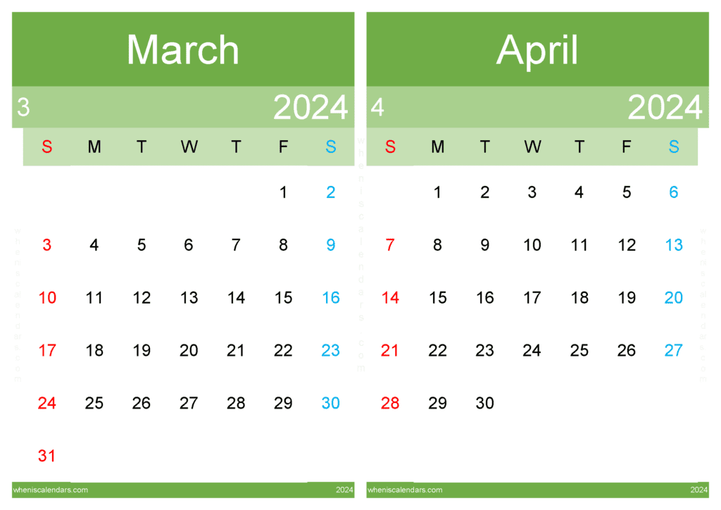 Download printable Calendar Mar Apr 2024 A4 MA445