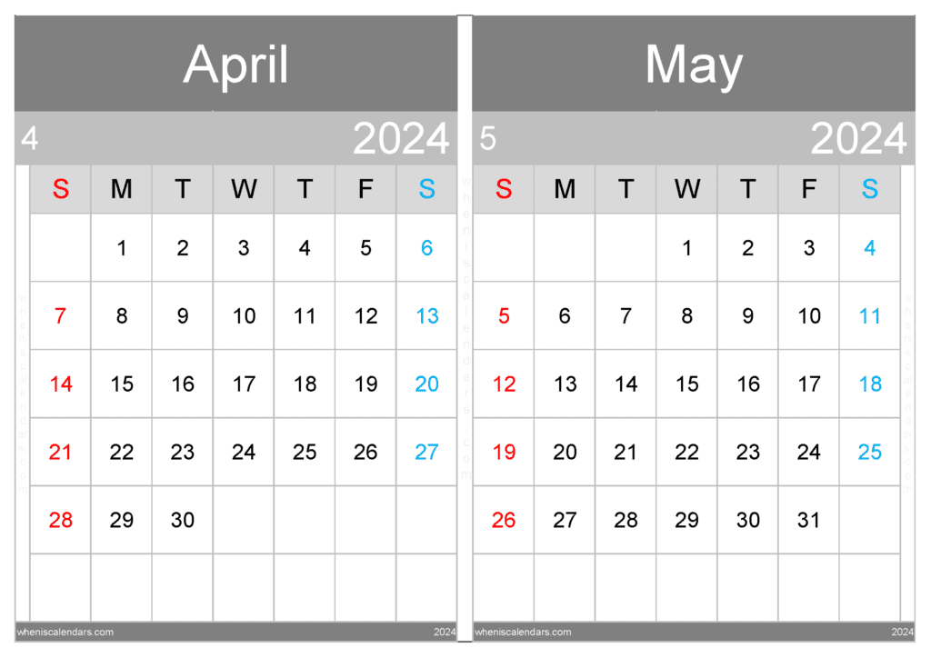 Download printable Calendar April May 2024 A4 AM431