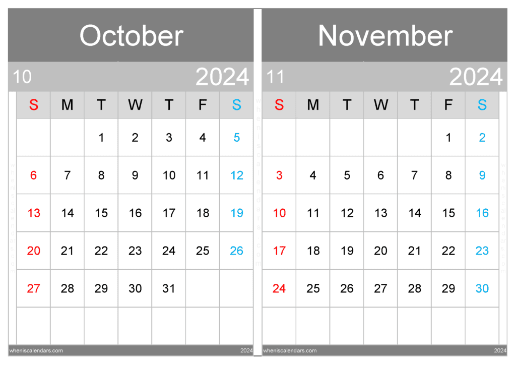 Download printable Calendar October November 2024 A4 ON431