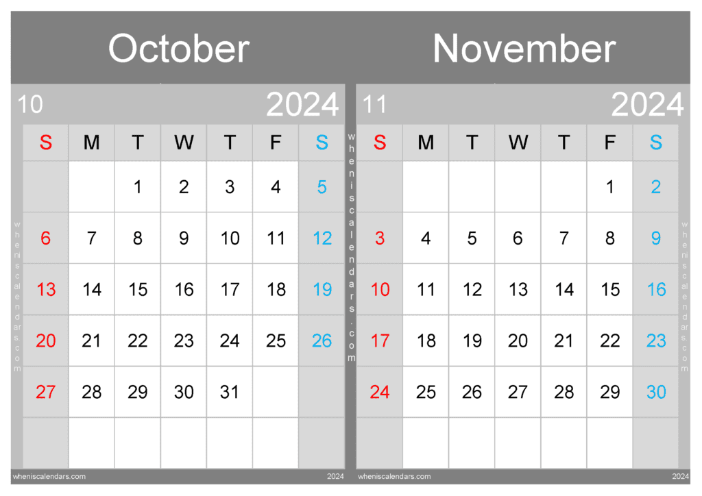 Download Oct November 2024 Calendar A4 ON402