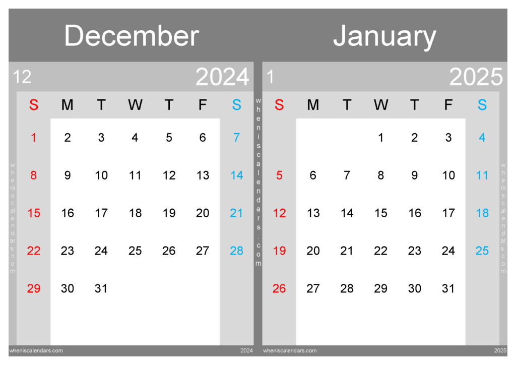 Download printable December 2024 and January 2025 Calendar A4 D4J533