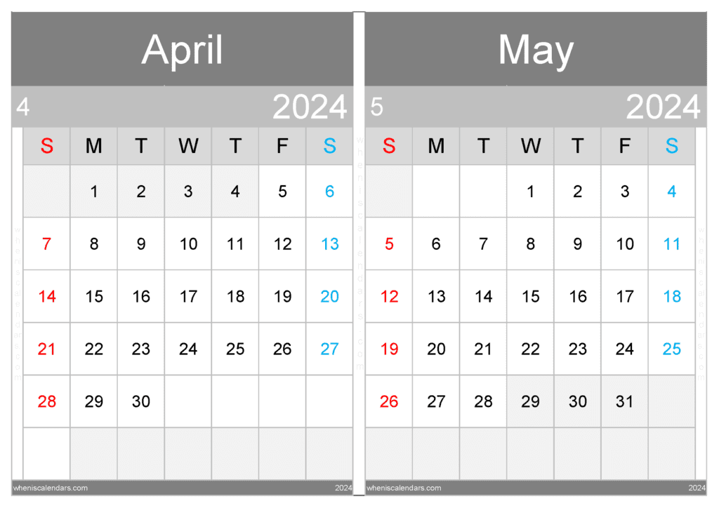 Download April and May 2024 printable Calendar A4 AM434