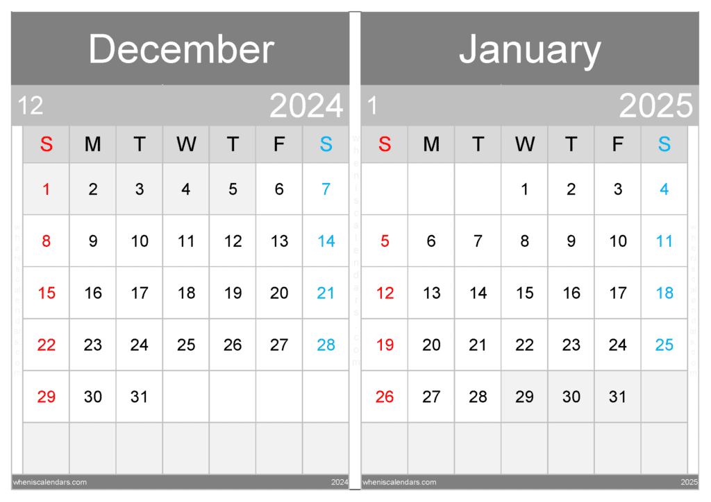 Download December 2024 and January 2025 printable Calendar A4 D4J534